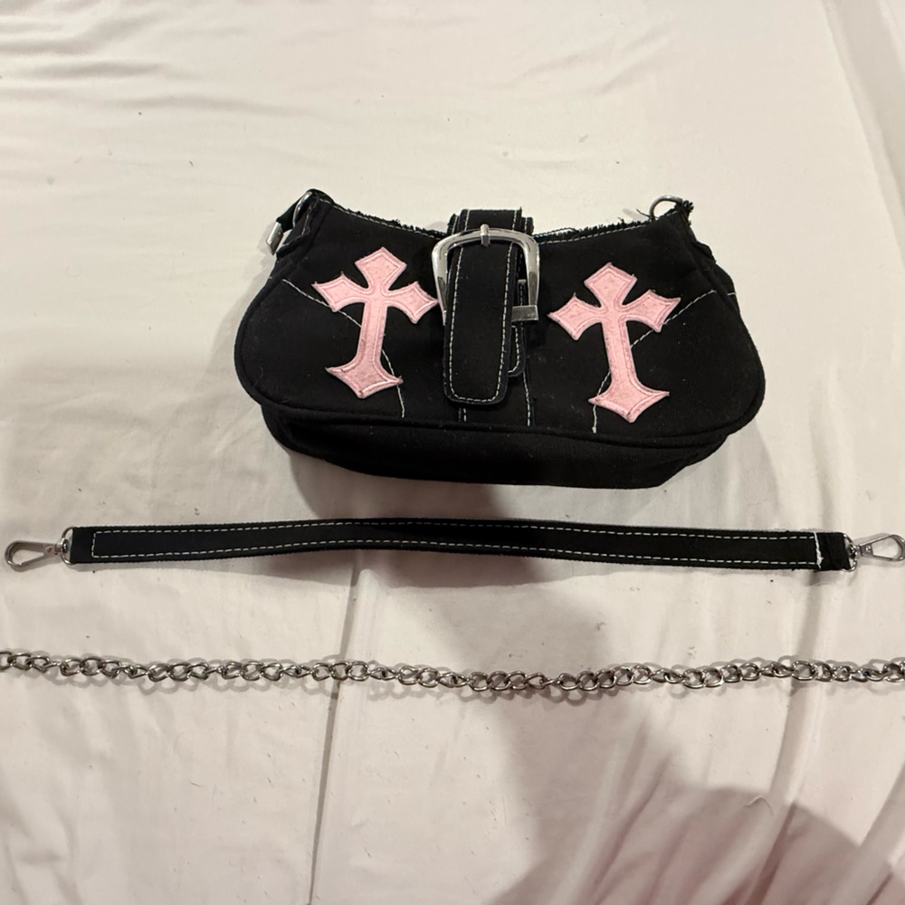 SHEIN Black Crossbody Bag with Pink Crosses